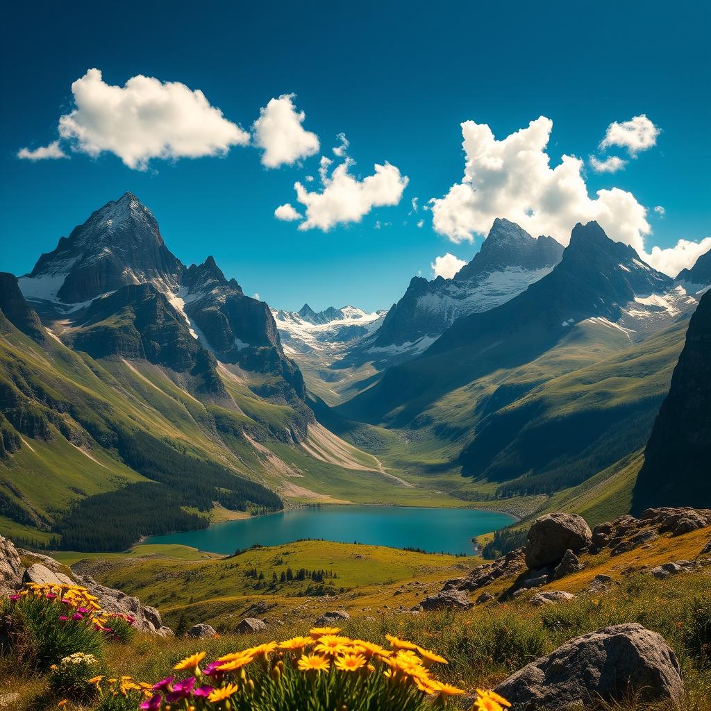 A majestic mountain landscape featuring towering peaks with snow-capped summits, surrounded by lush green valleys and a clear blue sky