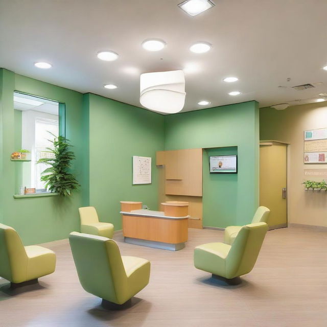 A spacious waiting room for a dental clinic, tastefully designed with 15 chairs to comfortably accommodate patients. The room also features soft lighting, a children's play area, a magazine rack, and a calming color palette.