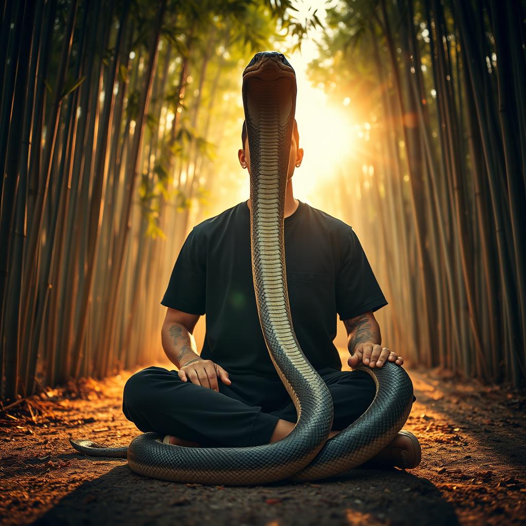 A Muslim man wearing a black sarung, black t-shirt, and a black cap, with tattooed arms, is sitting cross-legged while holding prayer beads in his fingers