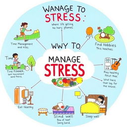 A vibrant and informative poster drawing depicting various ways to manage stress