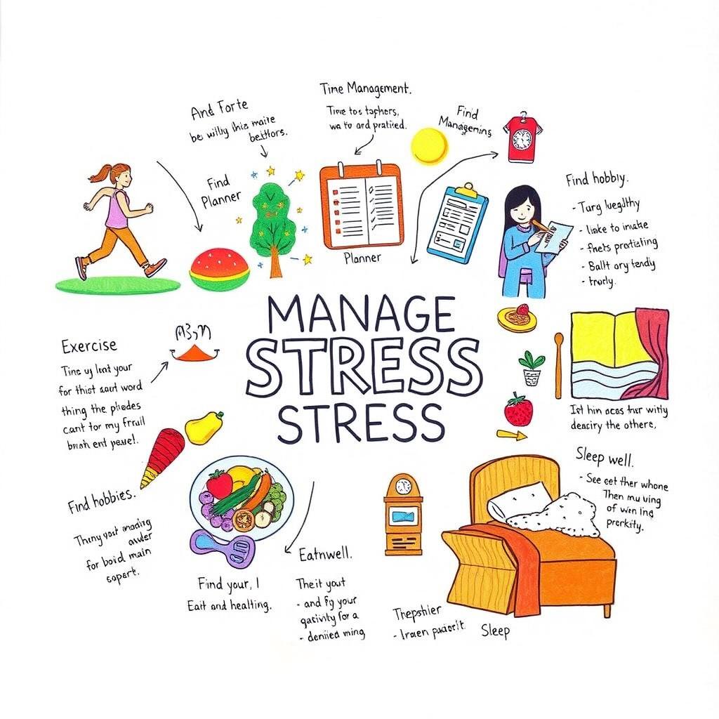 A vibrant and informative poster drawing depicting various ways to manage stress