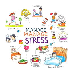A vibrant and informative poster drawing depicting various ways to manage stress