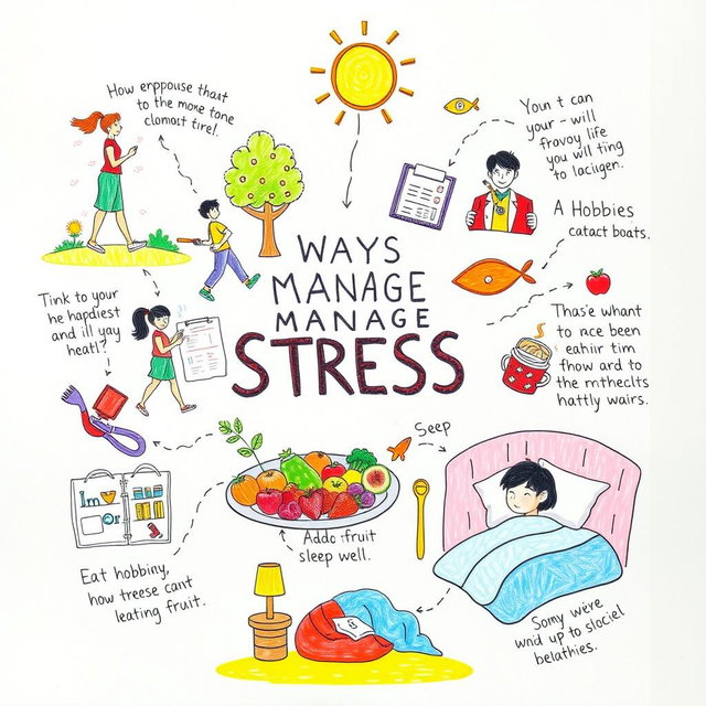 A vibrant and informative poster drawing depicting various ways to manage stress