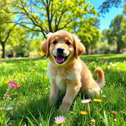 A playful golden retriever puppy with fluffy fur and bright, expressive eyes, sitting in a sunny park surrounded by vibrant green grass and colorful wildflowers