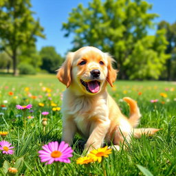 A playful golden retriever puppy with fluffy fur and bright, expressive eyes, sitting in a sunny park surrounded by vibrant green grass and colorful wildflowers
