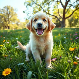 A playful golden retriever puppy with fluffy fur and bright, expressive eyes, sitting in a sunny park surrounded by vibrant green grass and colorful wildflowers