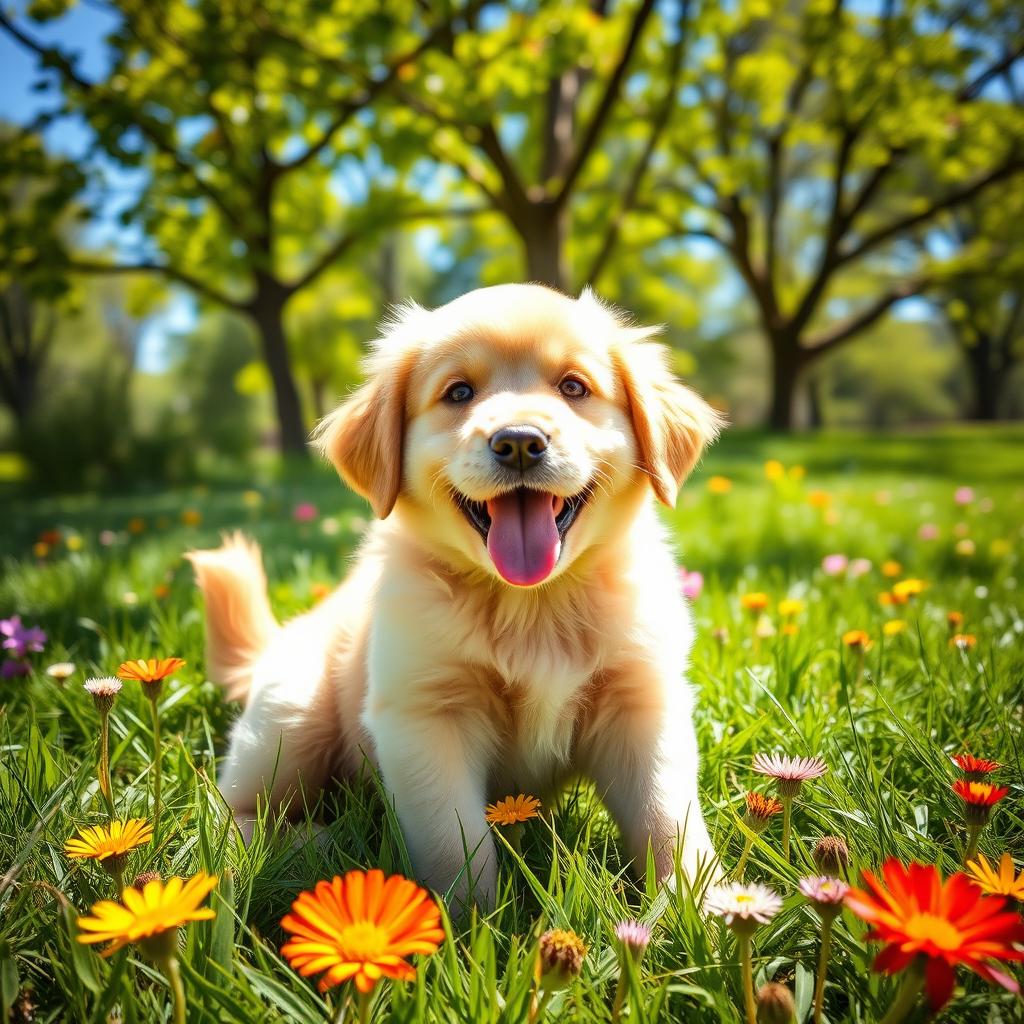 A playful golden retriever puppy with fluffy fur and bright, expressive eyes, sitting in a sunny park surrounded by vibrant green grass and colorful wildflowers