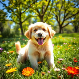 A playful golden retriever puppy with fluffy fur and bright, expressive eyes, sitting in a sunny park surrounded by vibrant green grass and colorful wildflowers