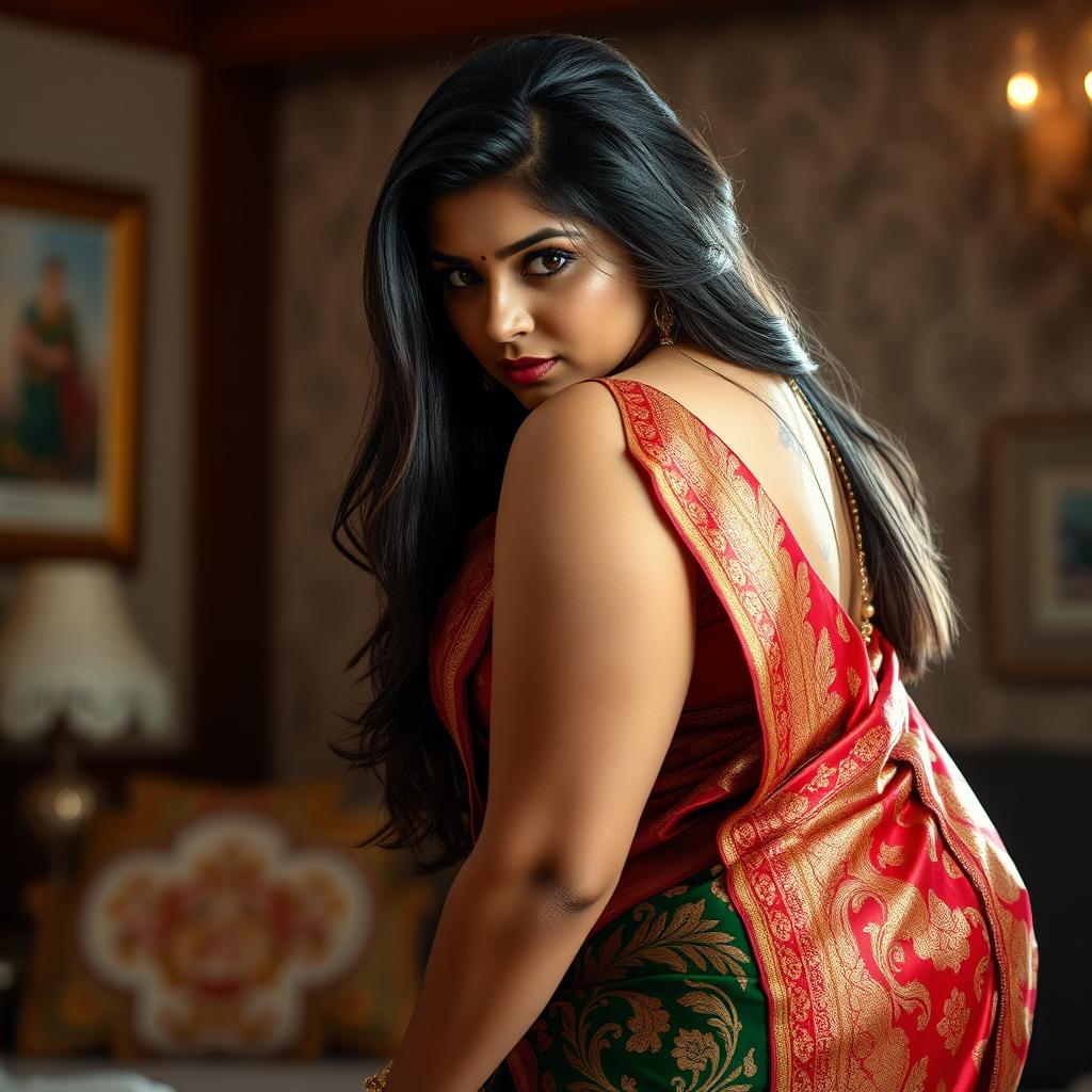 A gorgeous thick Indian woman wearing an elegant saree, bending forward in a seductive pose