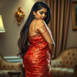 A gorgeous thick Indian woman wearing an elegant saree, bending forward in a seductive pose