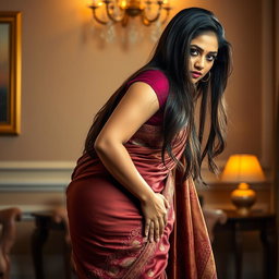 A gorgeous thick Indian woman wearing an elegant saree, bending forward in a seductive pose