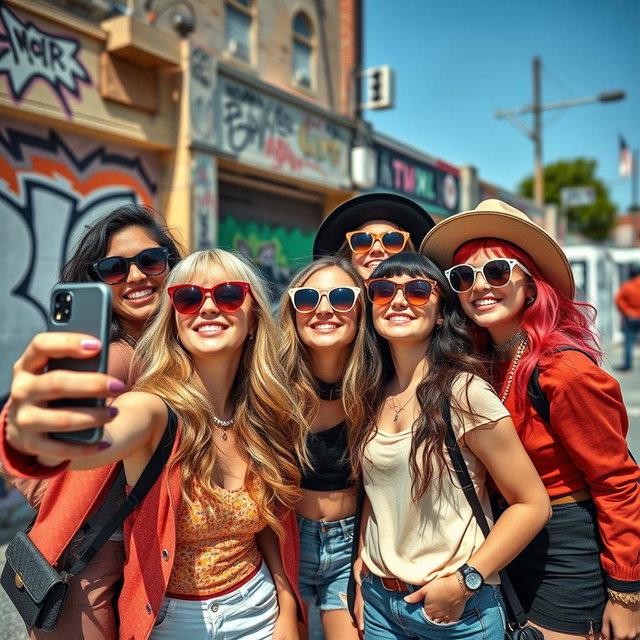 A group of stylish girls posing together and taking a dynamic selfie with a smartphone, all wearing trendy, colorful outfits