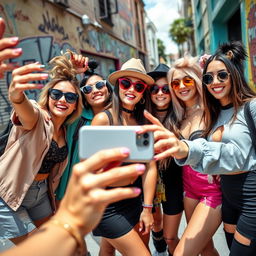 A group of stylish girls posing together and taking a dynamic selfie with a smartphone, all wearing trendy, colorful outfits
