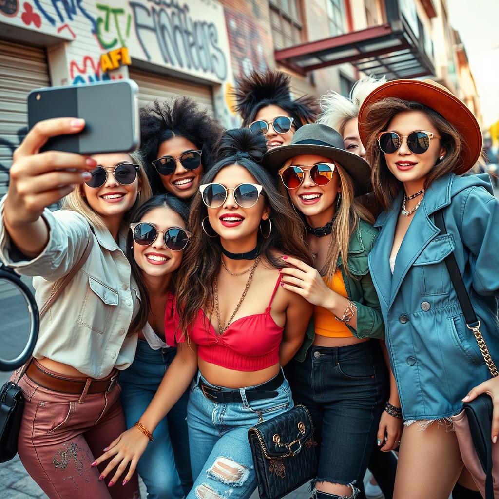 A group of stylish girls posing together and taking a dynamic selfie with a smartphone, all wearing trendy, colorful outfits