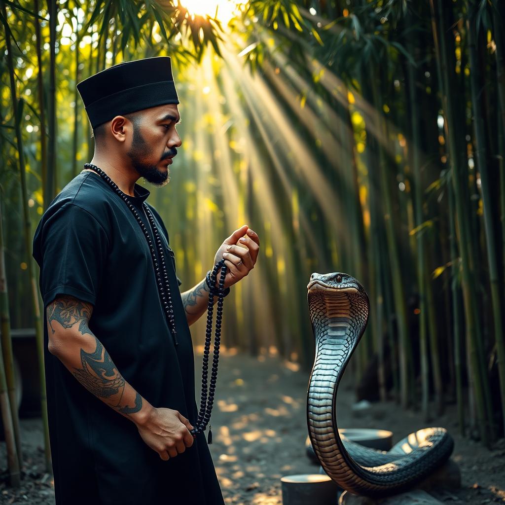A Muslim man wearing a black sarung, black t-shirt, and a black cap, with tattooed arms, holding prayer beads in his fingers
