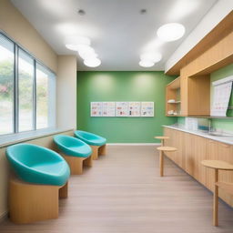 A spacious waiting room for a dental clinic, tastefully designed with 15 chairs to comfortably accommodate patients. The room also features soft lighting, a children's play area, a magazine rack, and a calming color palette.