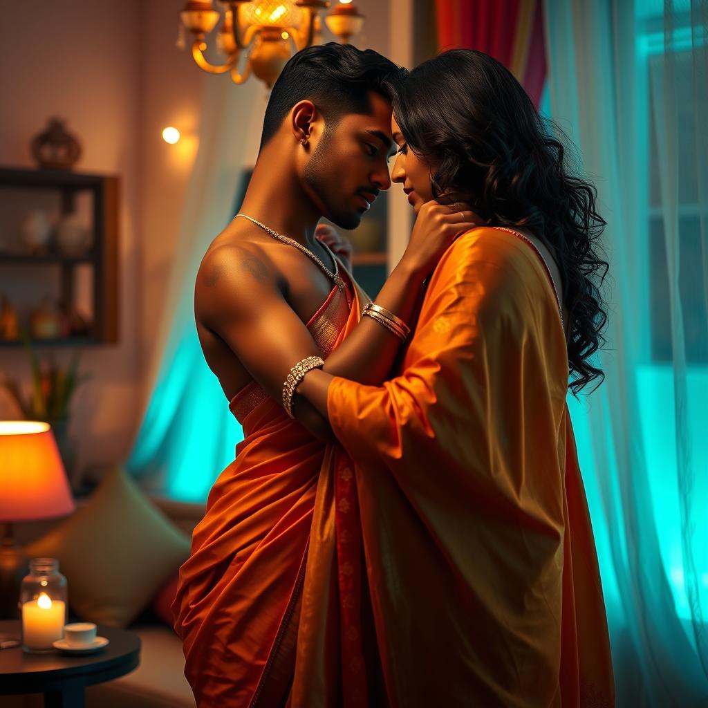 A romantic and intimate scene featuring a seductive thick Indian woman clad in a beautifully draped saree, engaging with her partner in an atmosphere of passion and desire