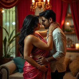 A romantic and intimate scene featuring a seductive thick Indian woman clad in a beautifully draped saree, engaging with her partner in an atmosphere of passion and desire