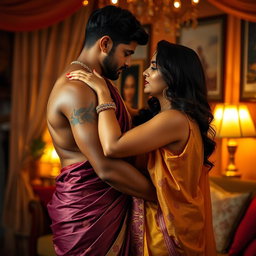A romantic and intimate scene featuring a seductive thick Indian woman clad in a beautifully draped saree, engaging with her partner in an atmosphere of passion and desire