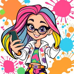 A colorful cartoon illustration of a stylish girl taking a selfie with her smartphone