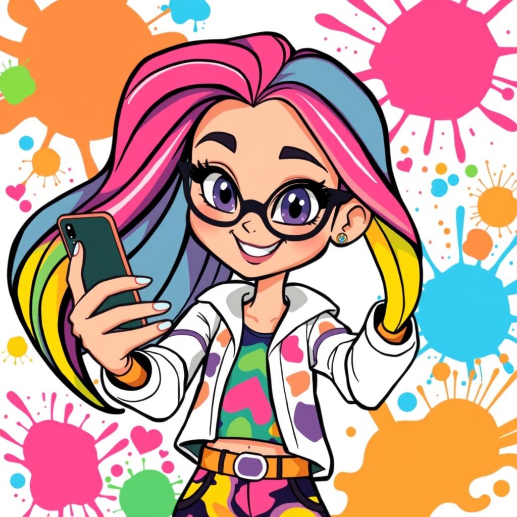 A colorful cartoon illustration of a stylish girl taking a selfie with her smartphone