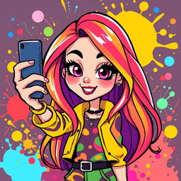A colorful cartoon illustration of a stylish girl taking a selfie with her smartphone