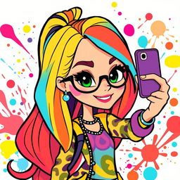 A colorful cartoon illustration of a stylish girl taking a selfie with her smartphone