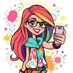 A colorful cartoon illustration of a stylish girl taking a selfie with her smartphone