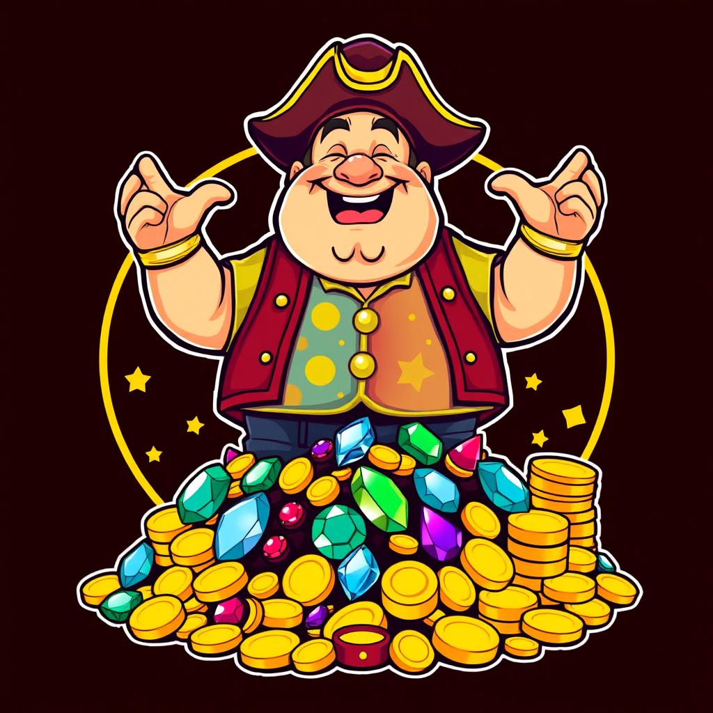 A vibrant and eye-catching logo featuring a fat bald man joyfully standing atop a mound of gold coins, piles of jewels, and other treasures