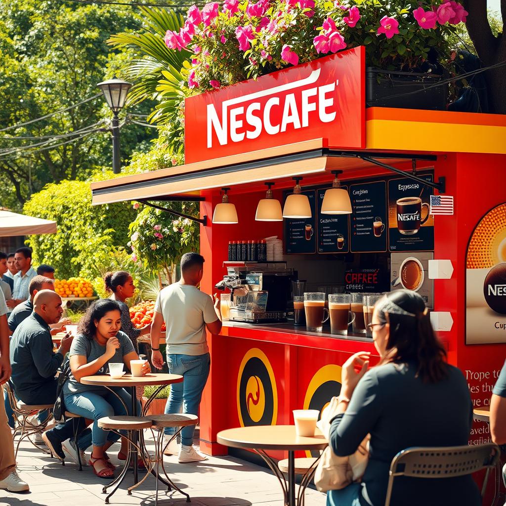 A vibrant Nescafe kiosk set up in a bustling outdoor market, showcasing a wide variety of freshly brewed coffee, including cappuccinos and espressos