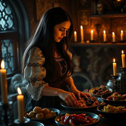 A Romanian woman with long, dark hair, dressed in elegant traditional attire, gracefully preparing a feast in a gothic kitchen setting, complete with candles and ornate decorations
