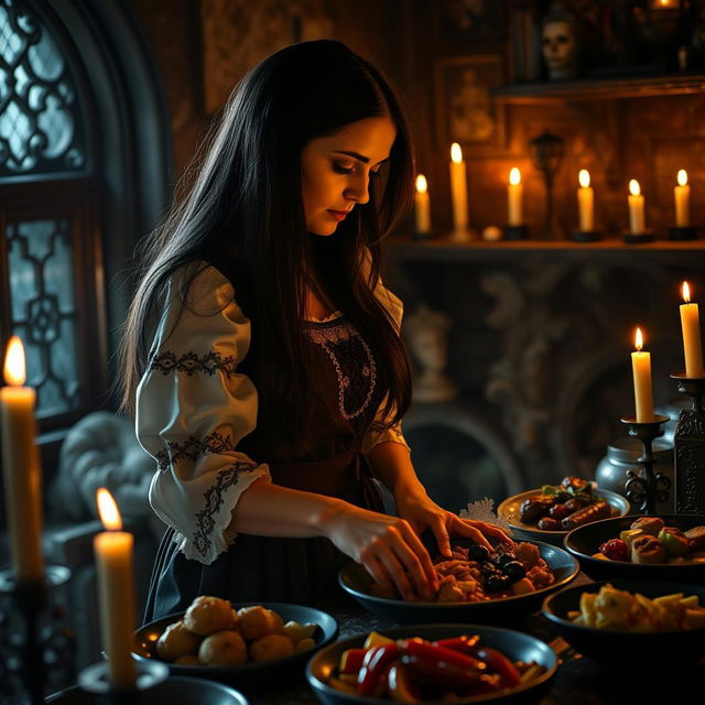 A Romanian woman with long, dark hair, dressed in elegant traditional attire, gracefully preparing a feast in a gothic kitchen setting, complete with candles and ornate decorations