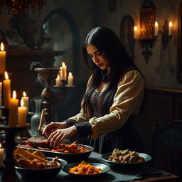 A Romanian woman with long, dark hair, dressed in elegant traditional attire, gracefully preparing a feast in a gothic kitchen setting, complete with candles and ornate decorations