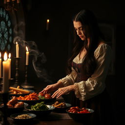 A Romanian woman with long, dark hair, dressed in elegant traditional attire, gracefully preparing a feast in a gothic kitchen setting, complete with candles and ornate decorations