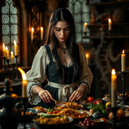 A Romanian woman with long, dark hair, dressed in elegant traditional attire, gracefully preparing a feast in a gothic kitchen setting, complete with candles and ornate decorations