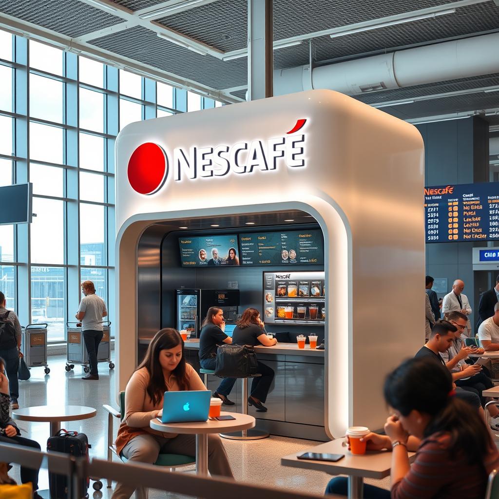 A modern Nescafe kiosk located in a busy airport terminal, featuring sleek design elements and illuminated signage
