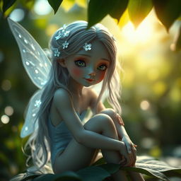 A stunning close-up portrait of an ethereal fairy with luminescent wings, sitting gracefully on a leaf in a magical forest