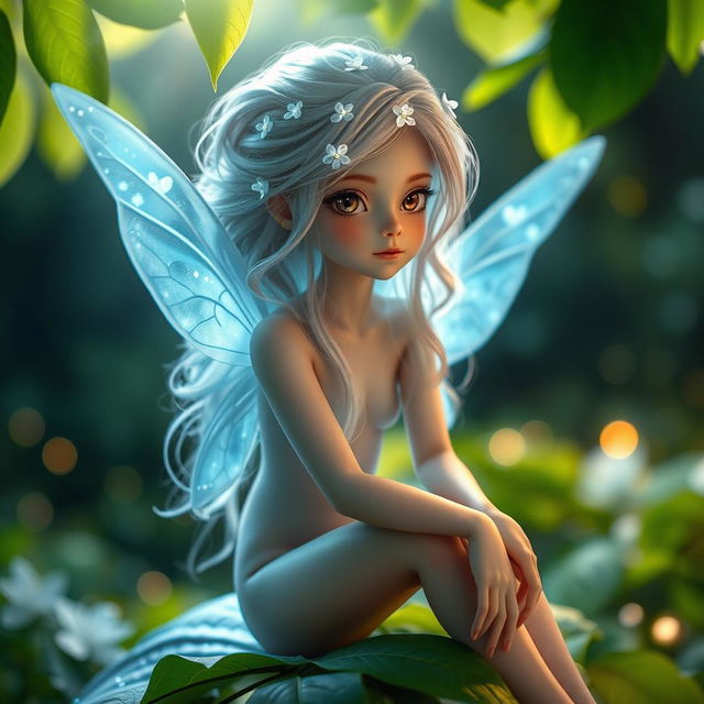 A stunning close-up portrait of an ethereal fairy with luminescent wings, sitting gracefully on a leaf in a magical forest