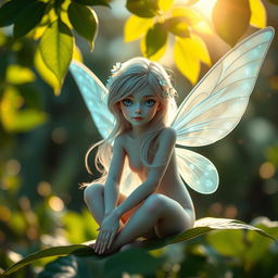 A stunning close-up portrait of an ethereal fairy with luminescent wings, sitting gracefully on a leaf in a magical forest