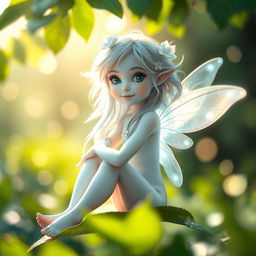 A stunning close-up portrait of an ethereal fairy with luminescent wings, sitting gracefully on a leaf in a magical forest