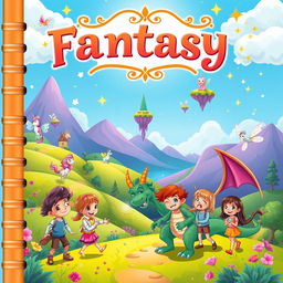 A vibrant and whimsical cartoon-style fantasy notebook cover, featuring a colorful landscape with rolling hills, a magical forest with sparkling lights, and playful creatures like unicorns and fairies