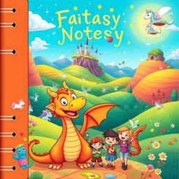 A vibrant and whimsical cartoon-style fantasy notebook cover, featuring a colorful landscape with rolling hills, a magical forest with sparkling lights, and playful creatures like unicorns and fairies