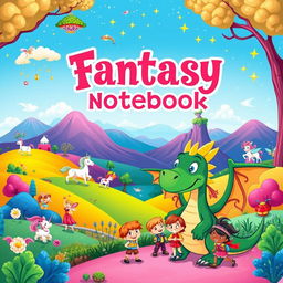 A vibrant and whimsical cartoon-style fantasy notebook cover, featuring a colorful landscape with rolling hills, a magical forest with sparkling lights, and playful creatures like unicorns and fairies