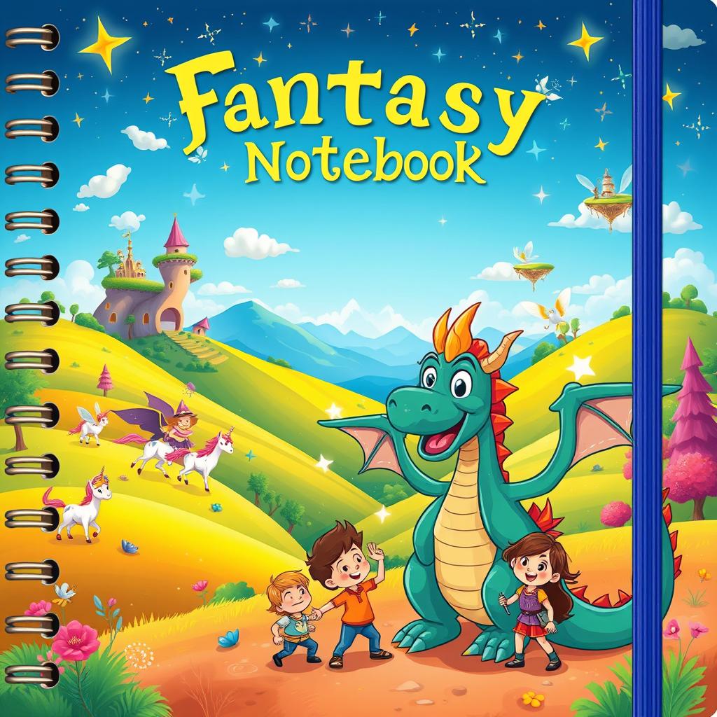 A vibrant and whimsical cartoon-style fantasy notebook cover, featuring a colorful landscape with rolling hills, a magical forest with sparkling lights, and playful creatures like unicorns and fairies