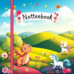 A whimsical cartoon-themed fantasy notebook cover, featuring a joyful scene of enchanted creatures, including a smiling dragon, fairies fluttering around, and a friendly unicorn in a lush, colorful landscape