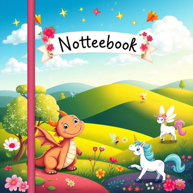 A whimsical cartoon-themed fantasy notebook cover, featuring a joyful scene of enchanted creatures, including a smiling dragon, fairies fluttering around, and a friendly unicorn in a lush, colorful landscape
