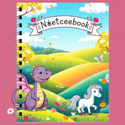 A whimsical cartoon-themed fantasy notebook cover, featuring a joyful scene of enchanted creatures, including a smiling dragon, fairies fluttering around, and a friendly unicorn in a lush, colorful landscape