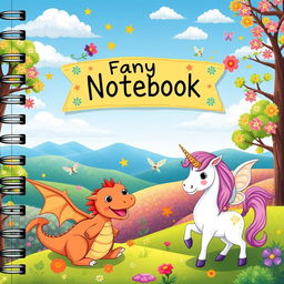 A whimsical cartoon-themed fantasy notebook cover, featuring a joyful scene of enchanted creatures, including a smiling dragon, fairies fluttering around, and a friendly unicorn in a lush, colorful landscape