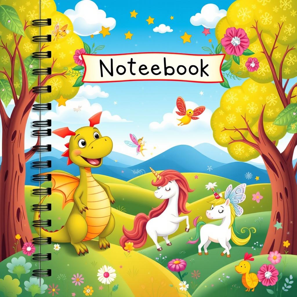A whimsical cartoon-themed fantasy notebook cover, featuring a joyful scene of enchanted creatures, including a smiling dragon, fairies fluttering around, and a friendly unicorn in a lush, colorful landscape