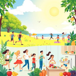 A vibrant and uplifting illustration depicting a diverse group of people engaged in various healthy activities
